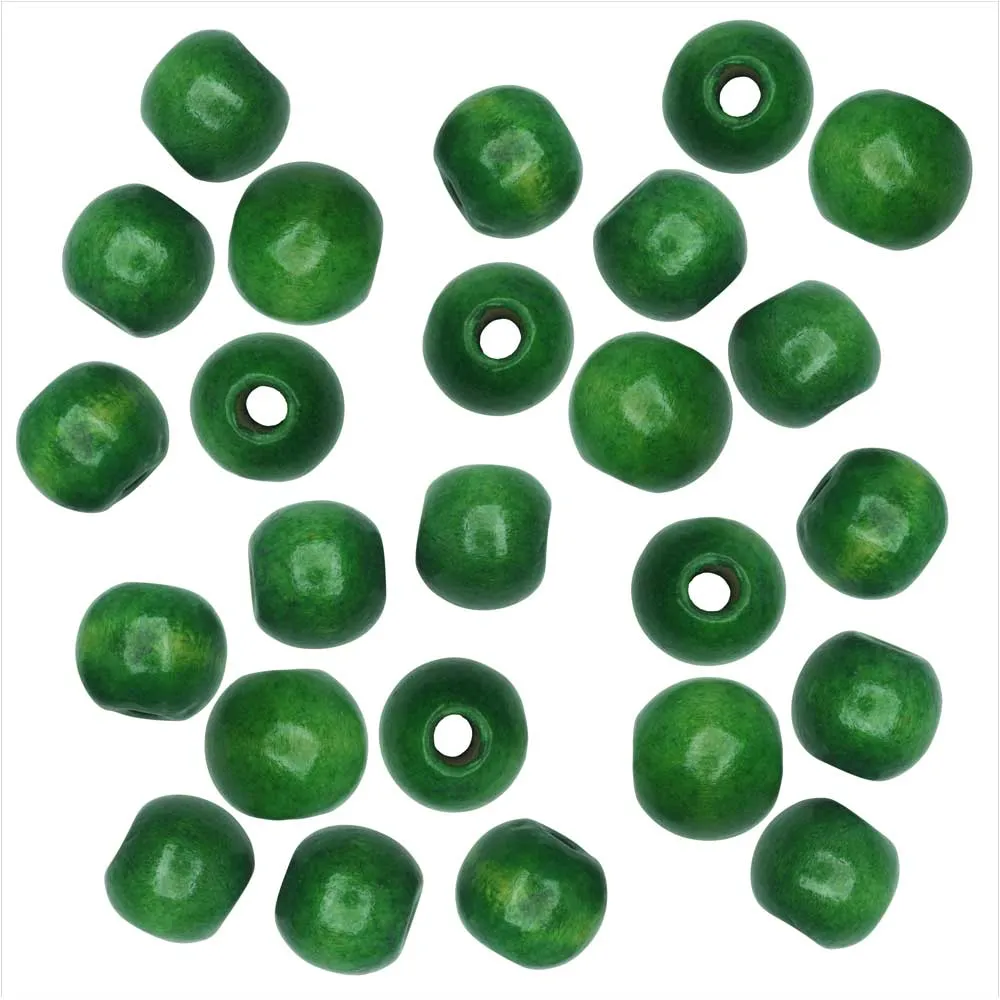 Green Smooth Large Hole Round 12mm Dyed Wood Beads (25 Pieces)