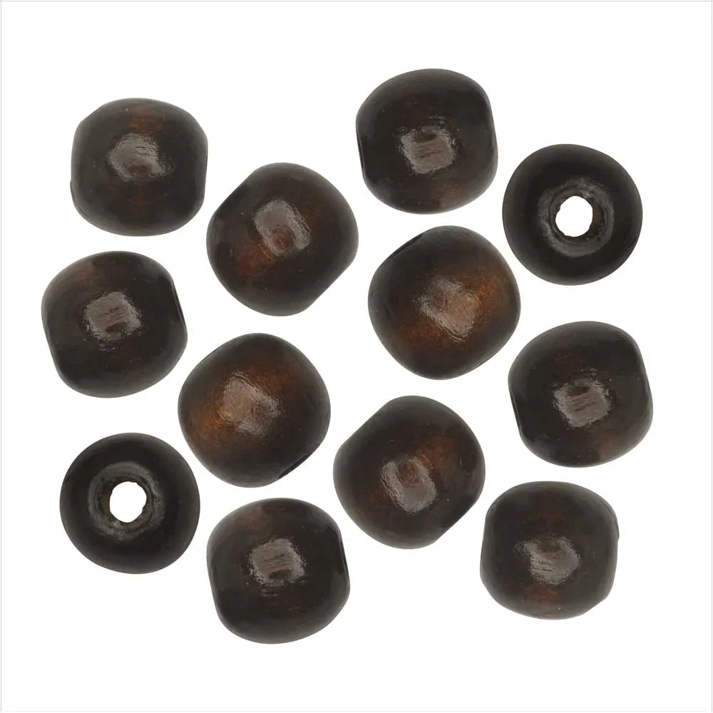 Coconut Brown Smooth Large Hole Round 16mm Dyed Wood Beads (12 Pieces)