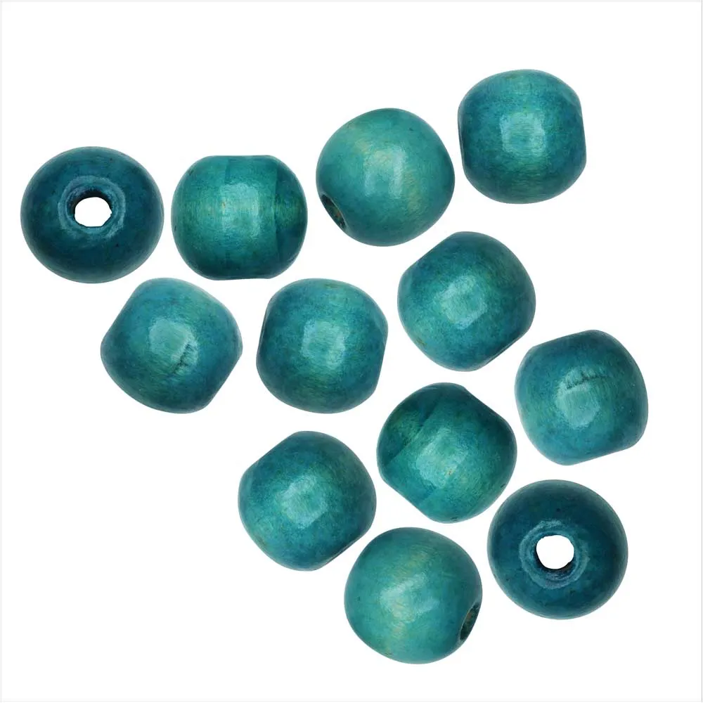 Dark Cyan Smooth Large Hole Round 16mm Dyed Wood Beads (12 Pieces)