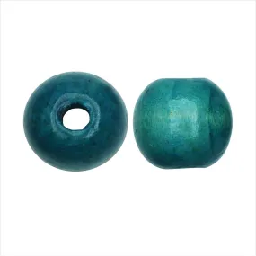 Dark Cyan Smooth Large Hole Round 16mm Dyed Wood Beads (12 Pieces)