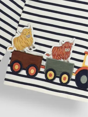 Ecru Navy Stripe Tractor & Highland Cow Applique Top