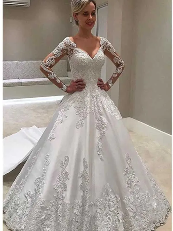 WD0489 Long Sleeves V-neck Wedding Dress