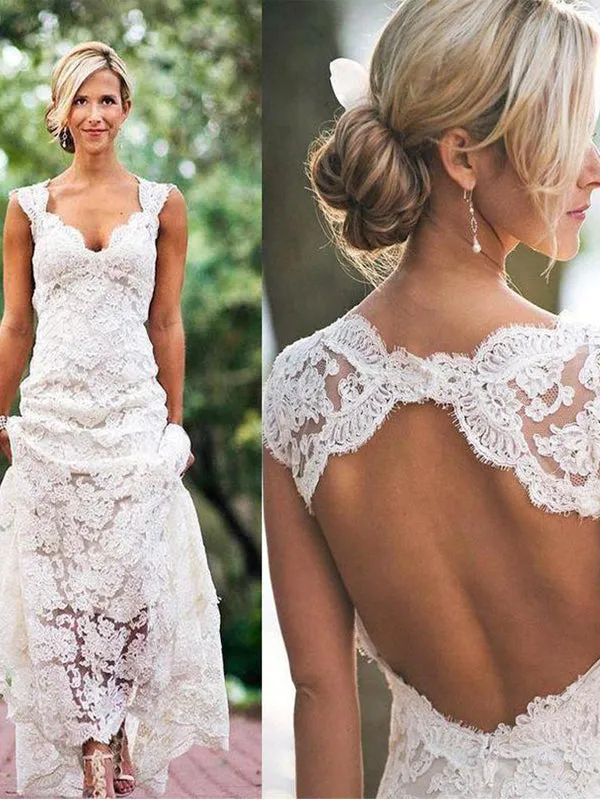 Open Back Sleeveless A-line Lace Wedding Dress