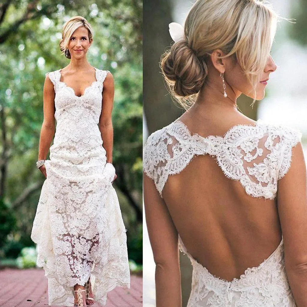 Open Back Sleeveless A-line Lace Wedding Dress