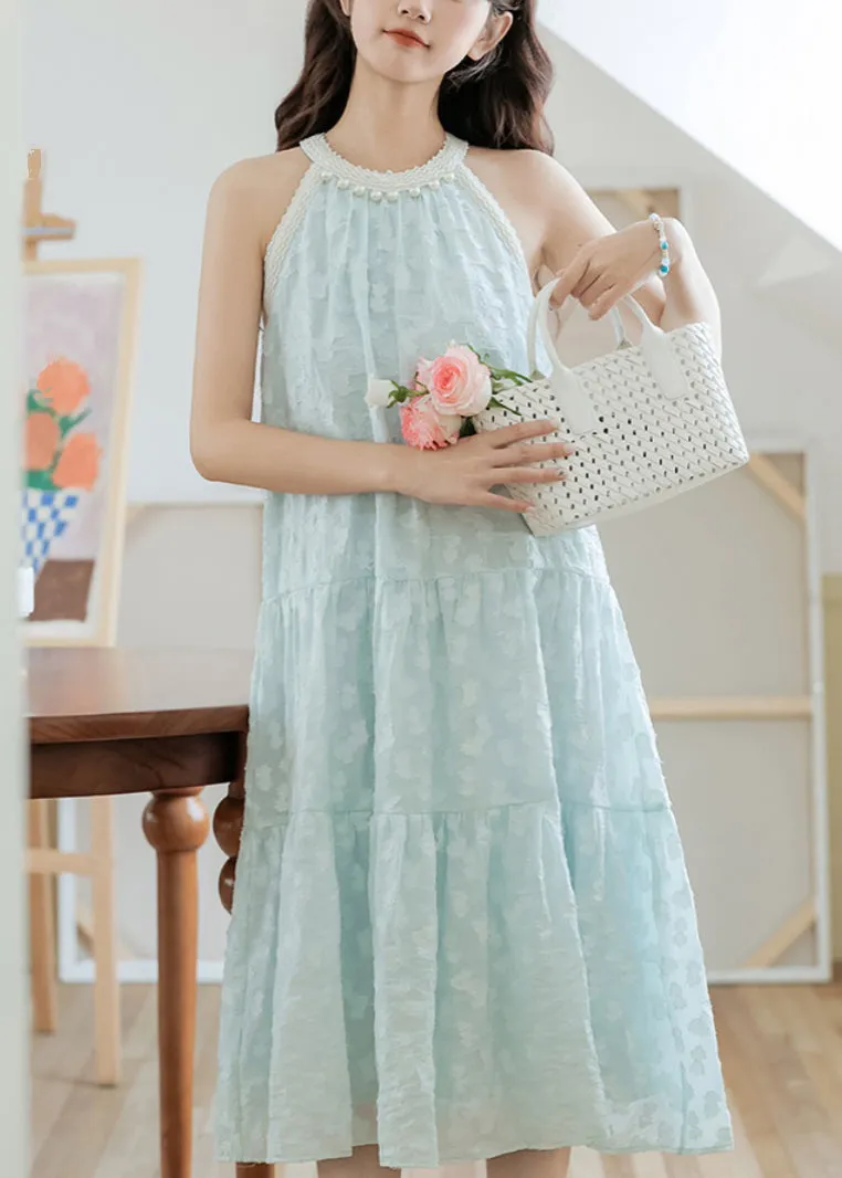 Sleeveless Sky Blue Elegant Pearl Bow Cotton Dress