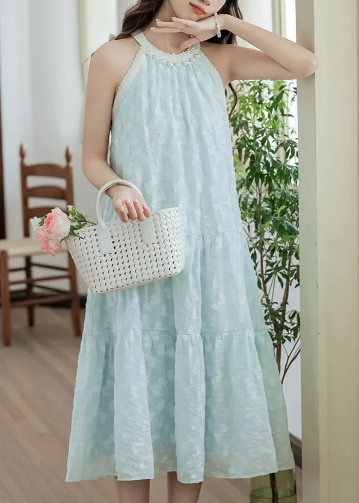 Sleeveless Sky Blue Elegant Pearl Bow Cotton Dress