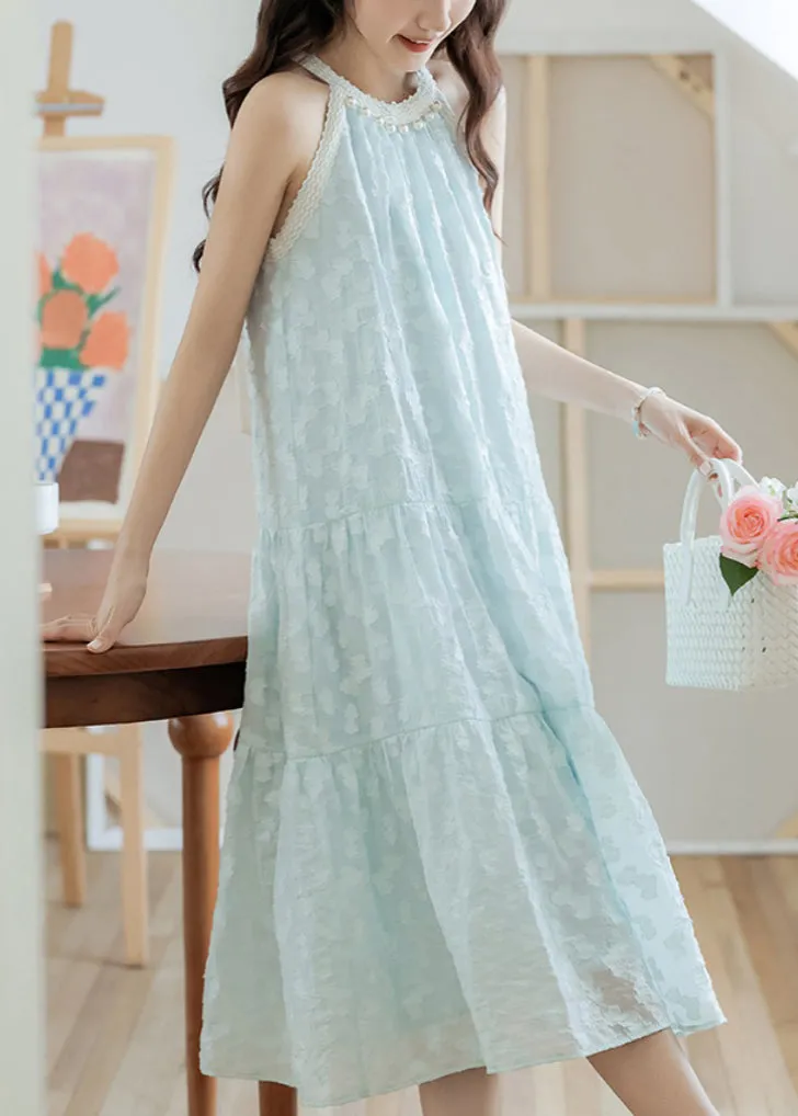 Sleeveless Sky Blue Elegant Pearl Bow Cotton Dress