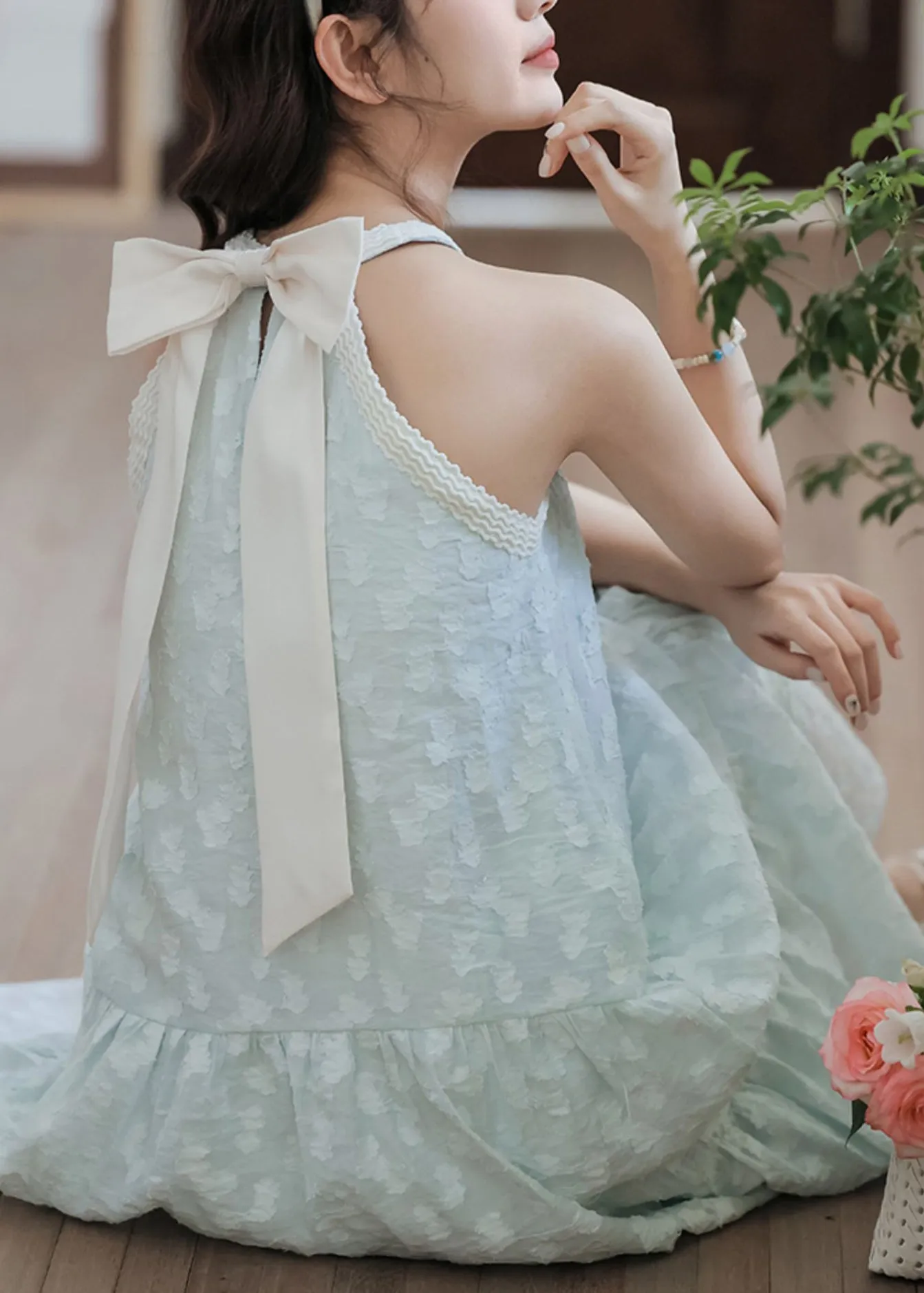 Sleeveless Sky Blue Elegant Pearl Bow Cotton Dress