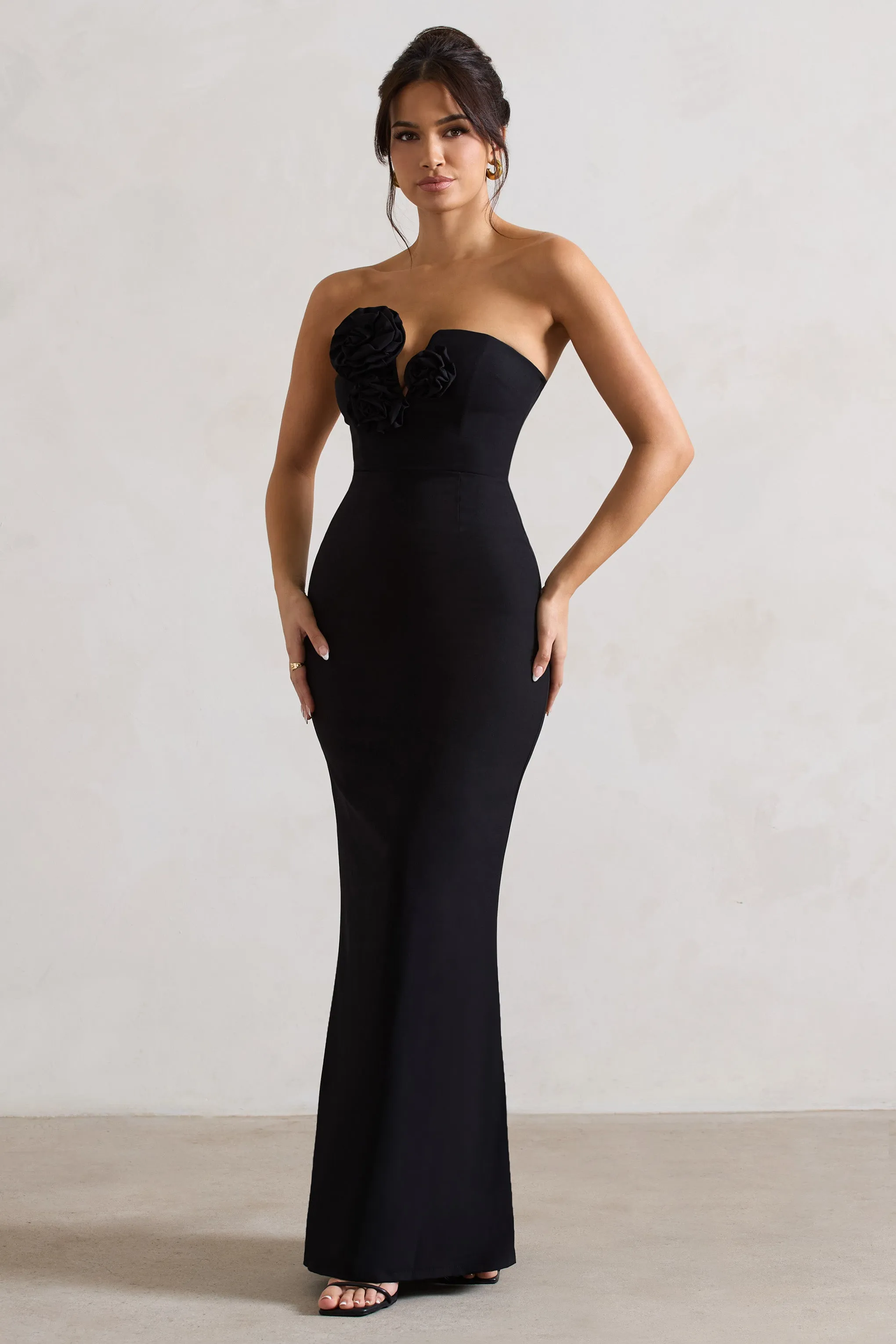 Black Strapless V-Neck Maxi Dress With Floral Detail