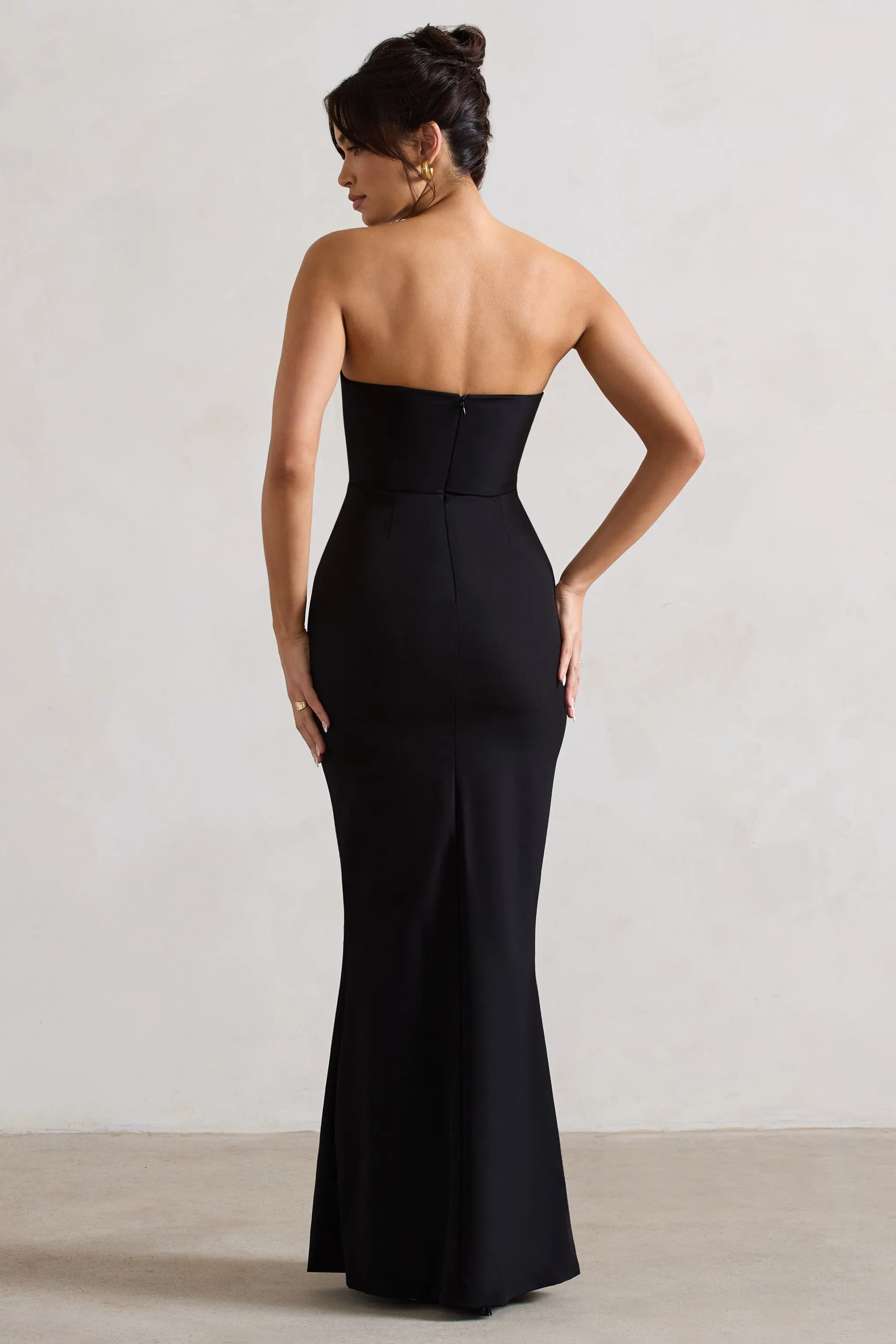 Black Strapless V-Neck Maxi Dress With Floral Detail