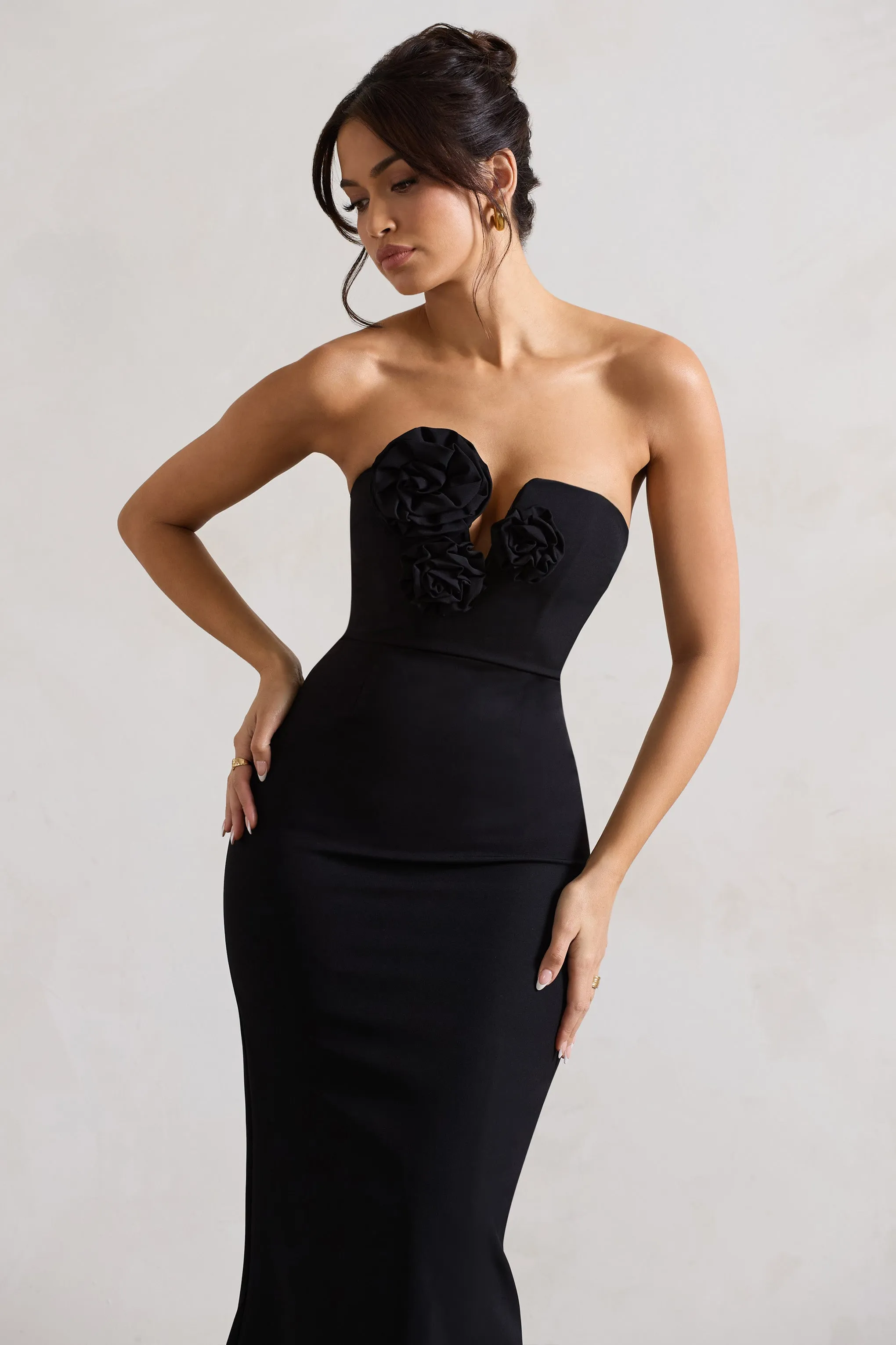 Black Strapless V-Neck Maxi Dress With Floral Detail