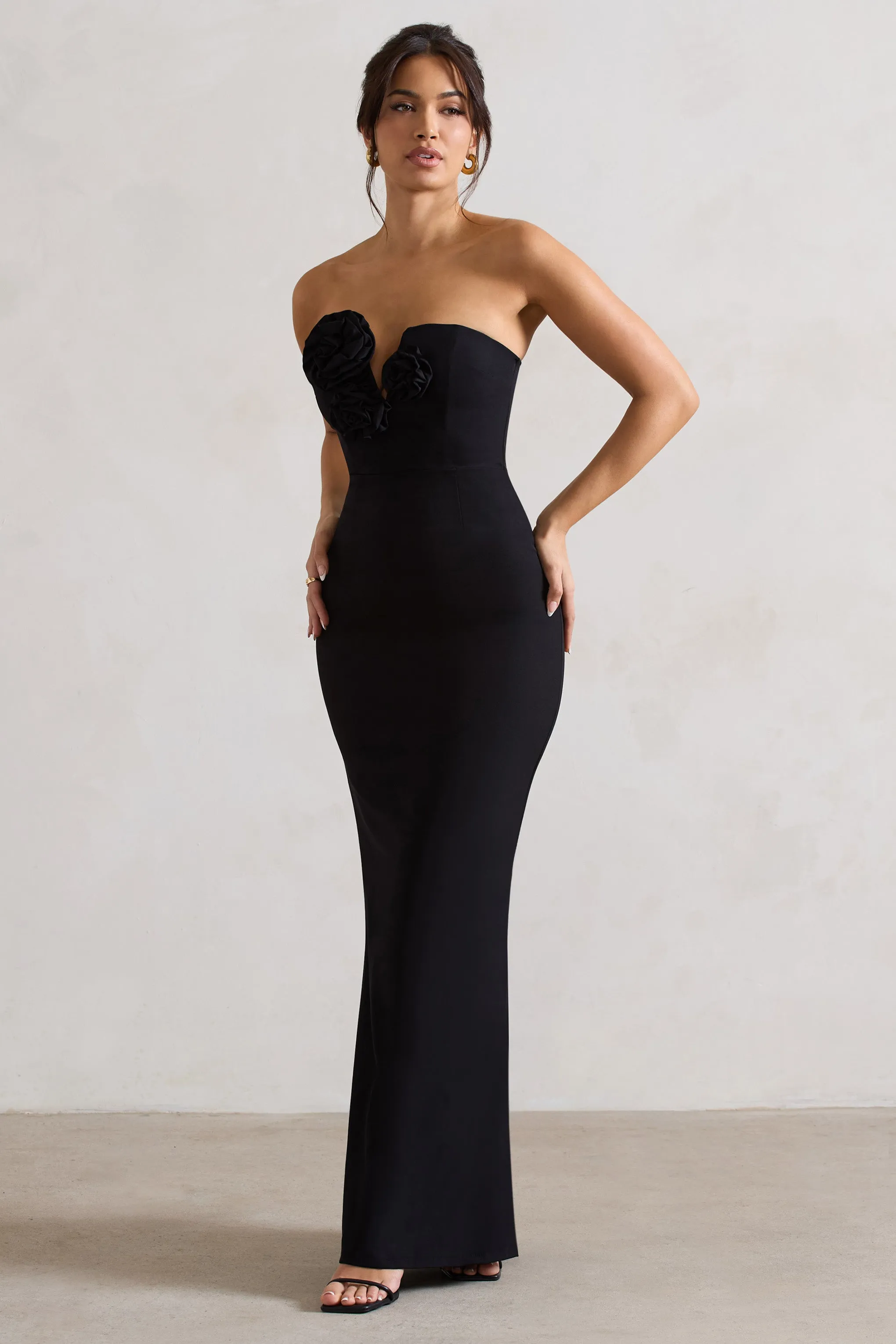 Black Strapless V-Neck Maxi Dress With Floral Detail