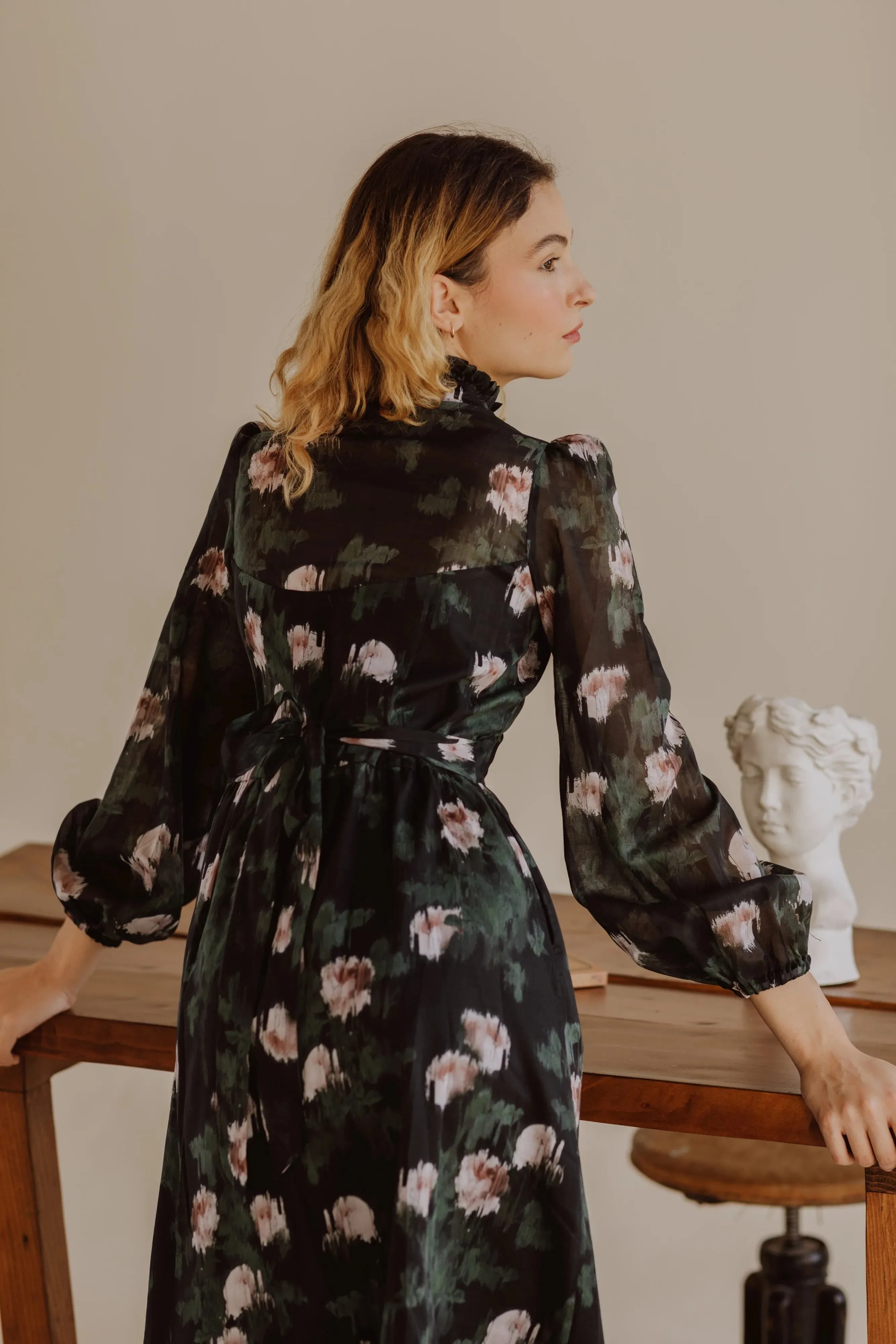 Black and Rose Watercolor Floral Felicia Dress