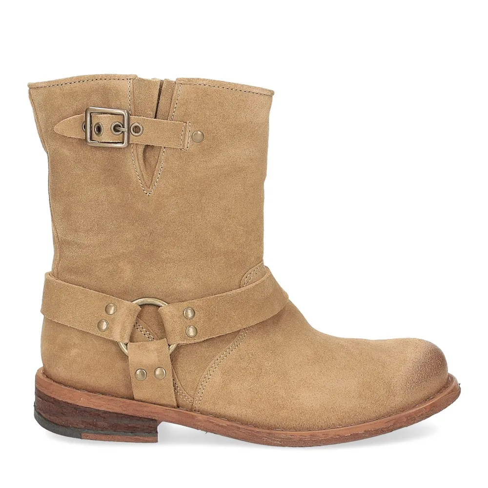 Beige Suede Biker Boots