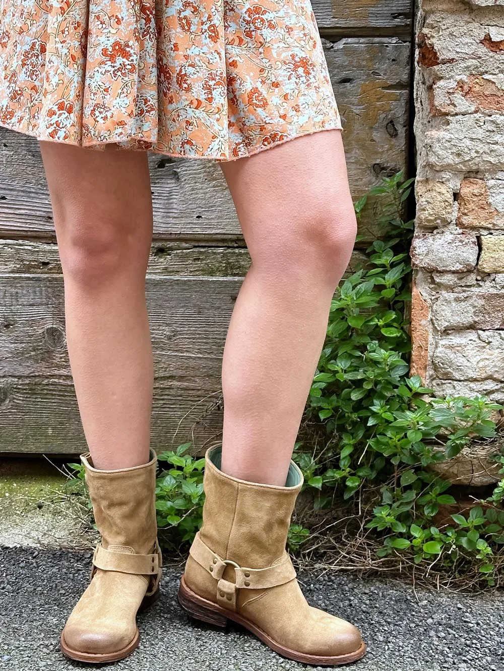 Beige Suede Biker Boots