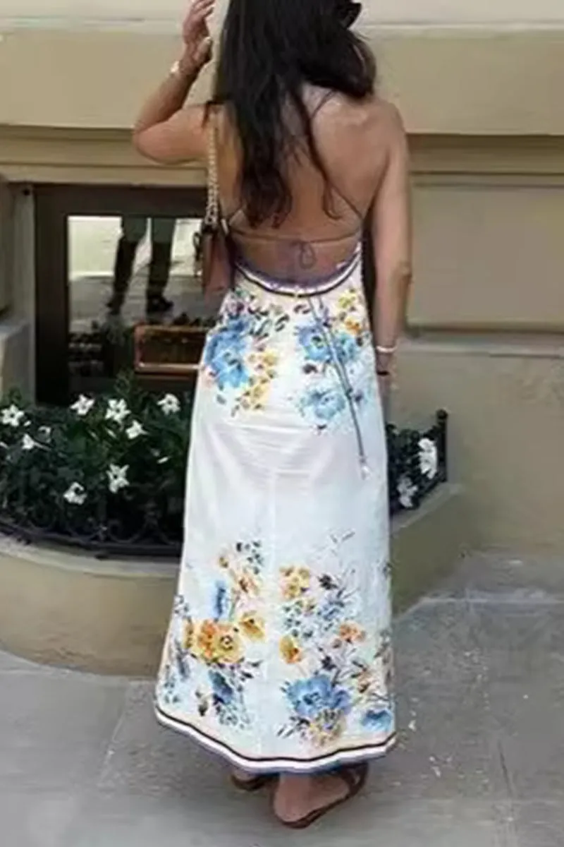 Floral Frenulum Backless V Neck Sling Dresses