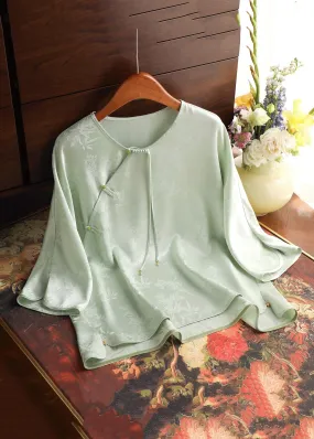 Fresh Light Green O-Neck Button-Down Silk Shirts with Bracelet Sleeves