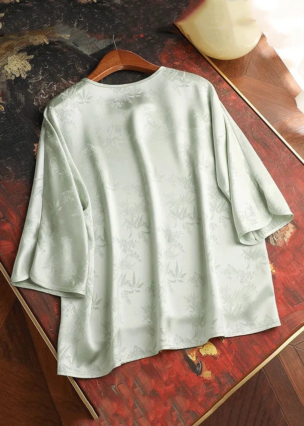 Fresh Light Green O-Neck Button-Down Silk Shirts with Bracelet Sleeves