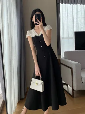 FT GUOGE black dress women's 2024 summer new French retro waist slimming Hepburn style little black dress