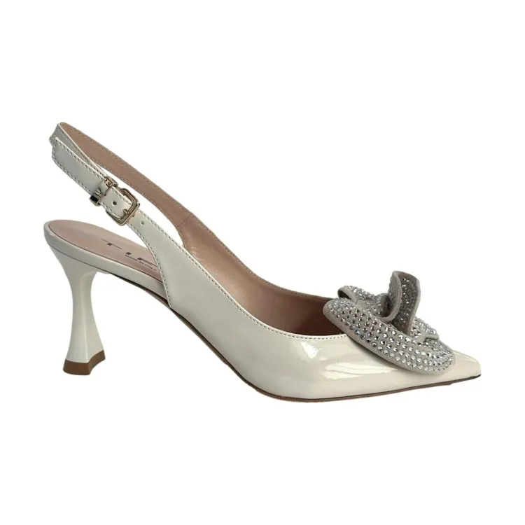 G406 Decollete Tacco Medio Sling Back con Fiore di Strass Burro