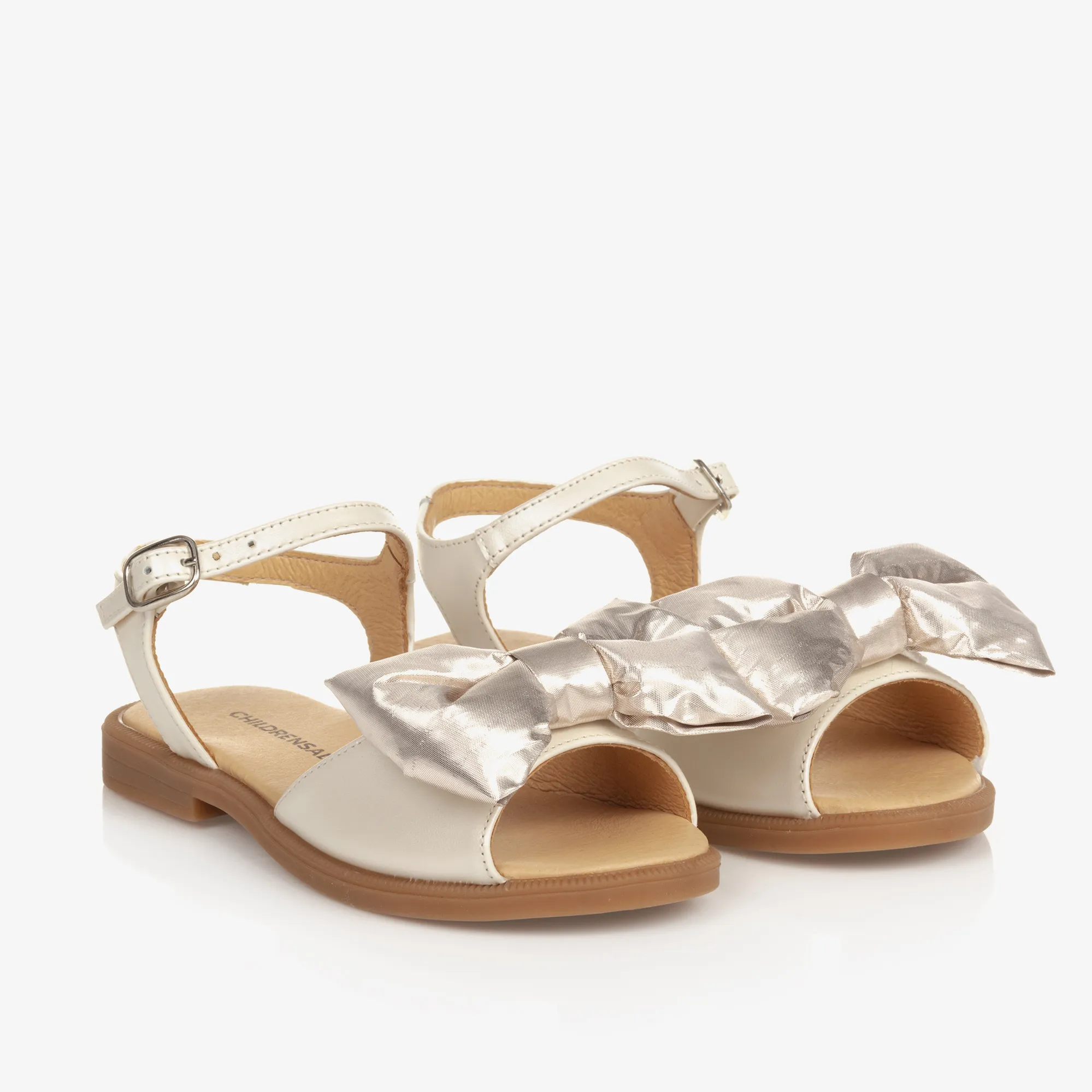 Girls Beige & Gold Satin Bow Sandals