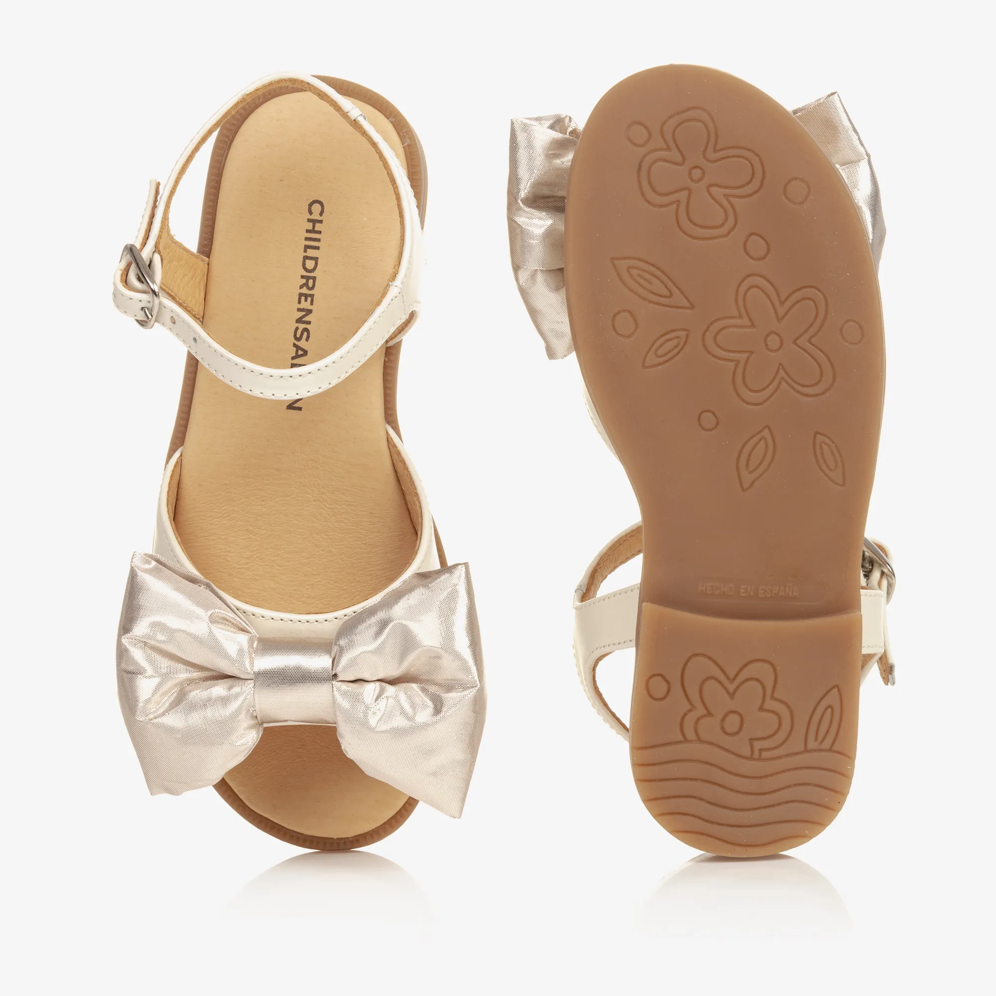 Girls Beige & Gold Satin Bow Sandals