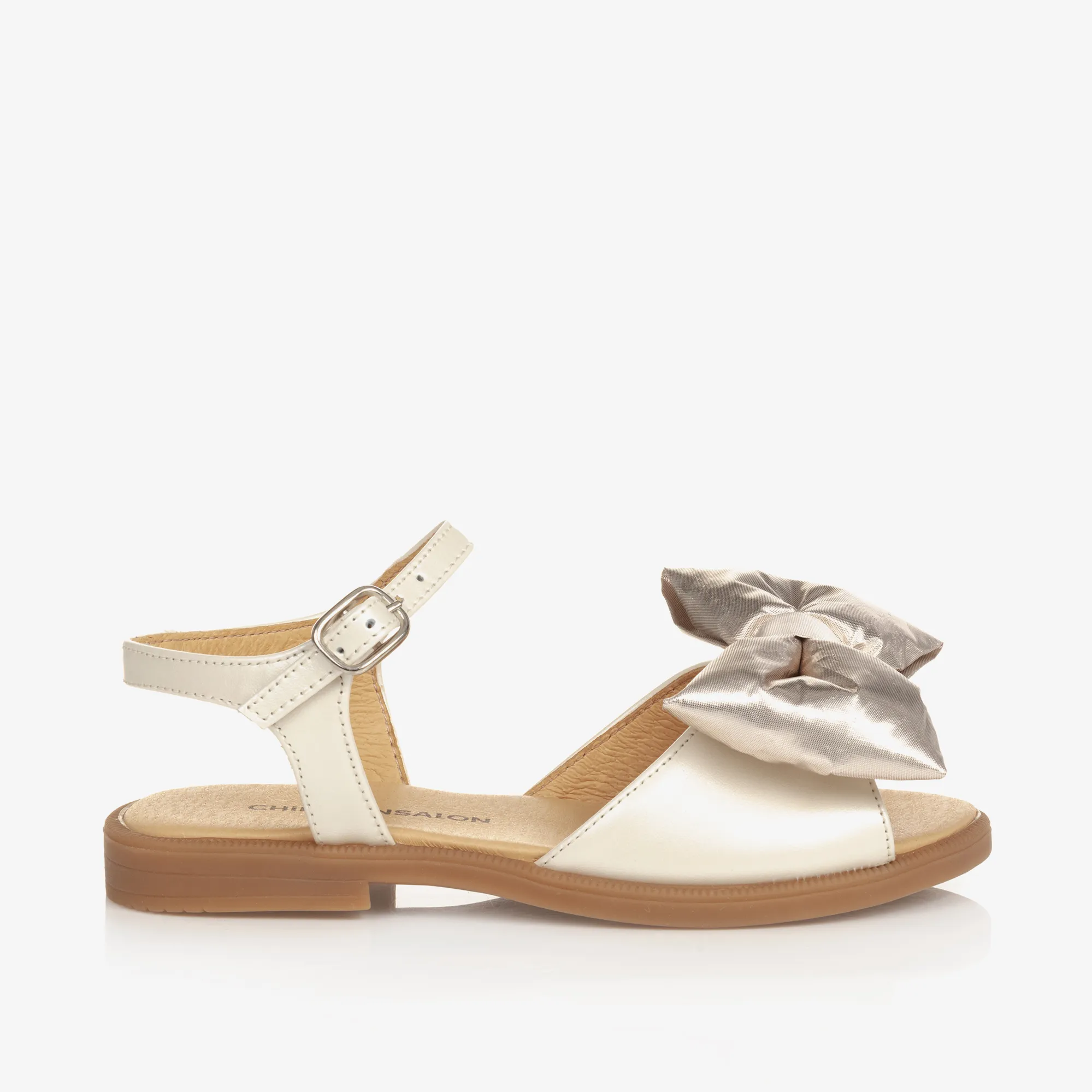 Girls Beige & Gold Satin Bow Sandals