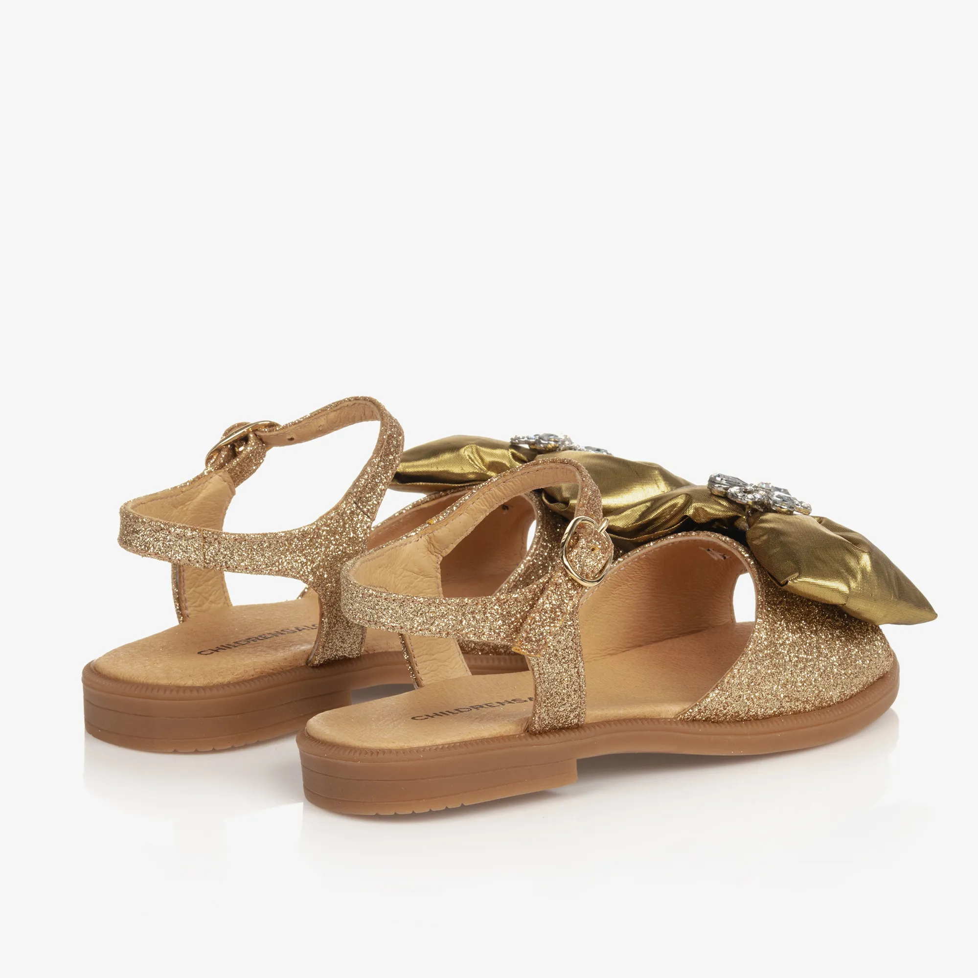 Girls Glittery Gold Satin Bow Sandals