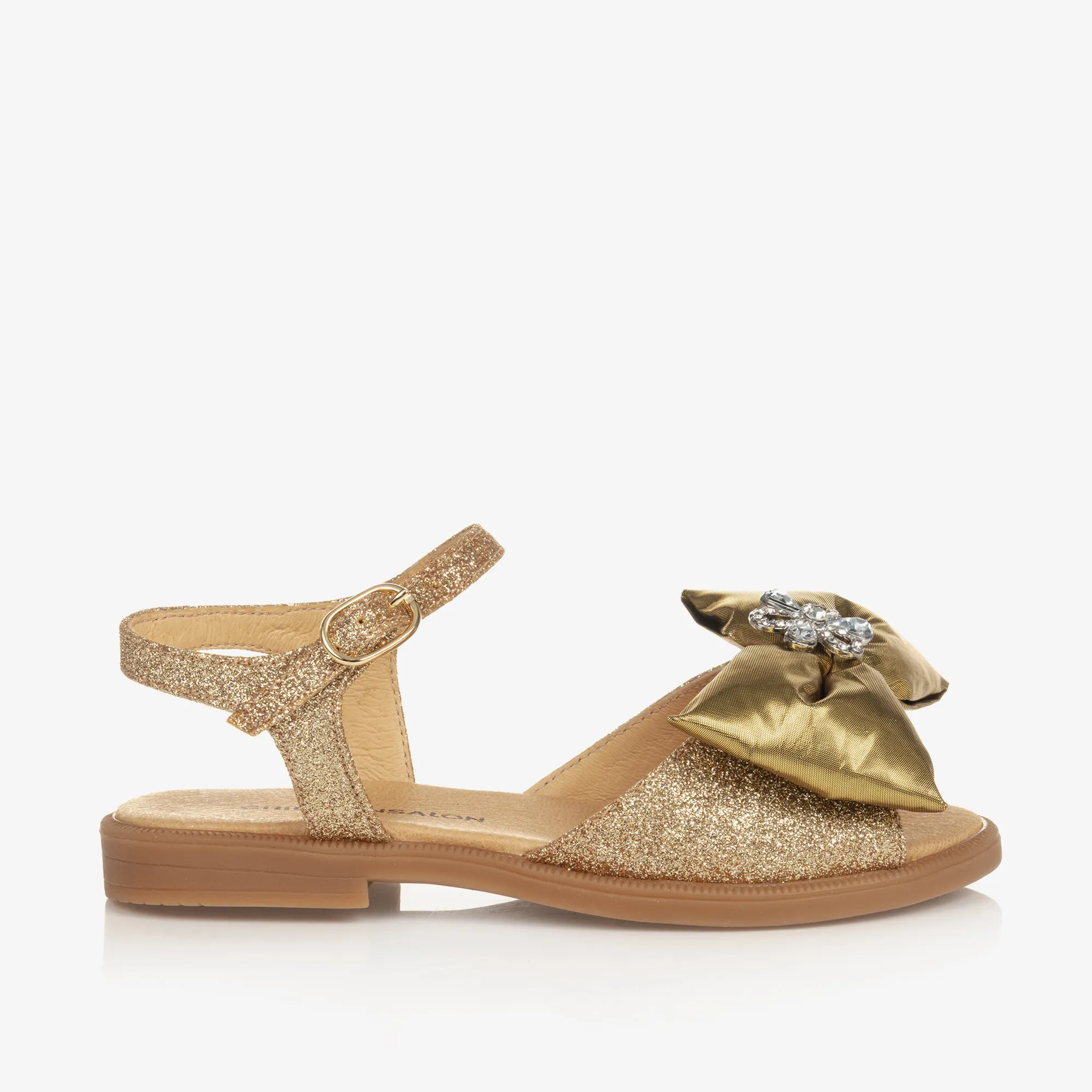 Girls Glittery Gold Satin Bow Sandals