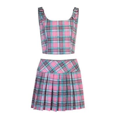 Plaid Gothic Zipper Backless Crop Top and Skirt Set