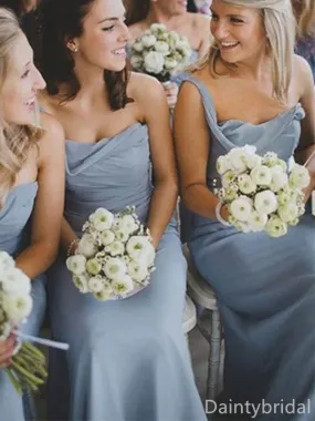 Gray Blue One Shoulder Mermaid Satin Bridesmaid Dresses, BG309