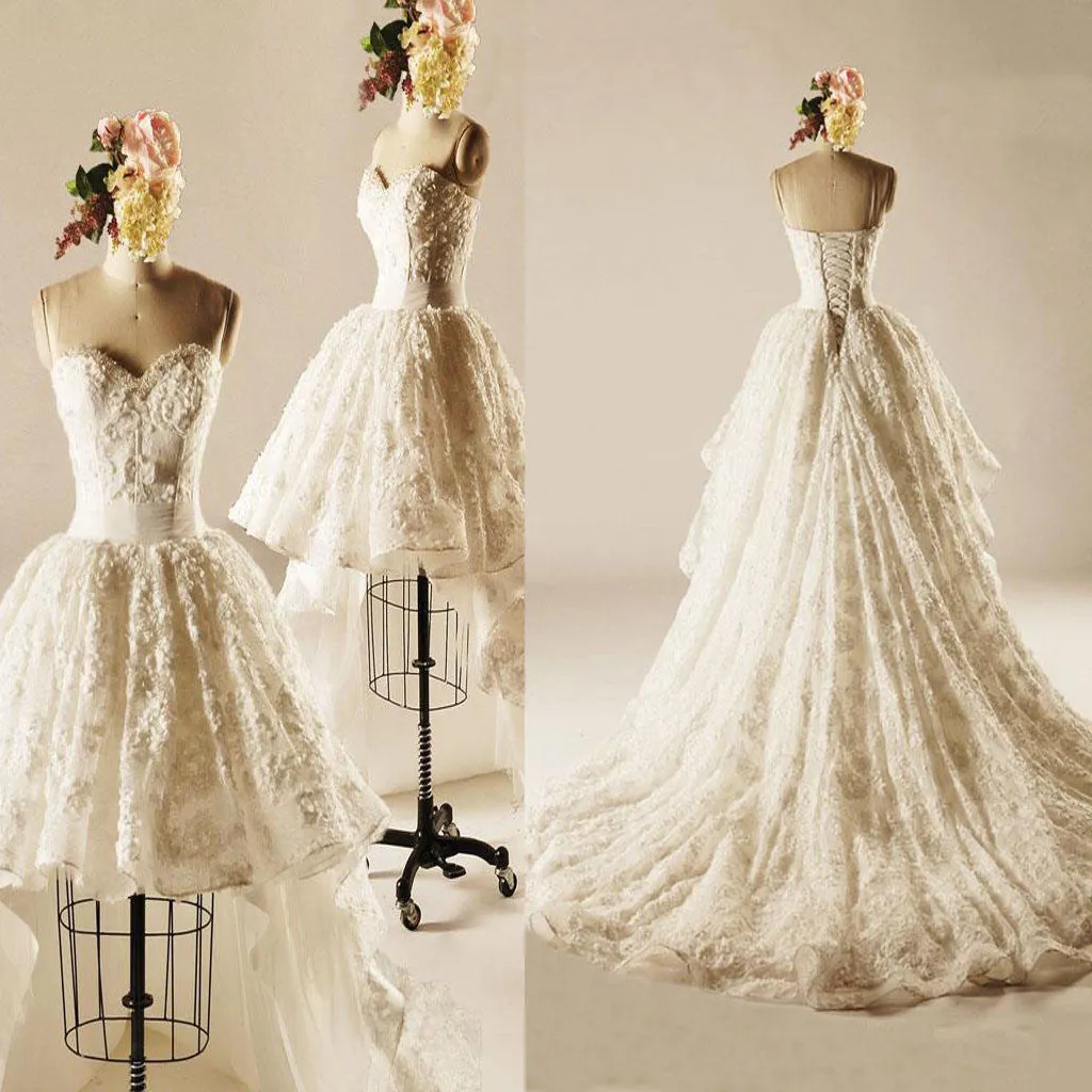 Unique Hi-low Sweetheart Lace Wedding Gown Lace Up Bridal Dress