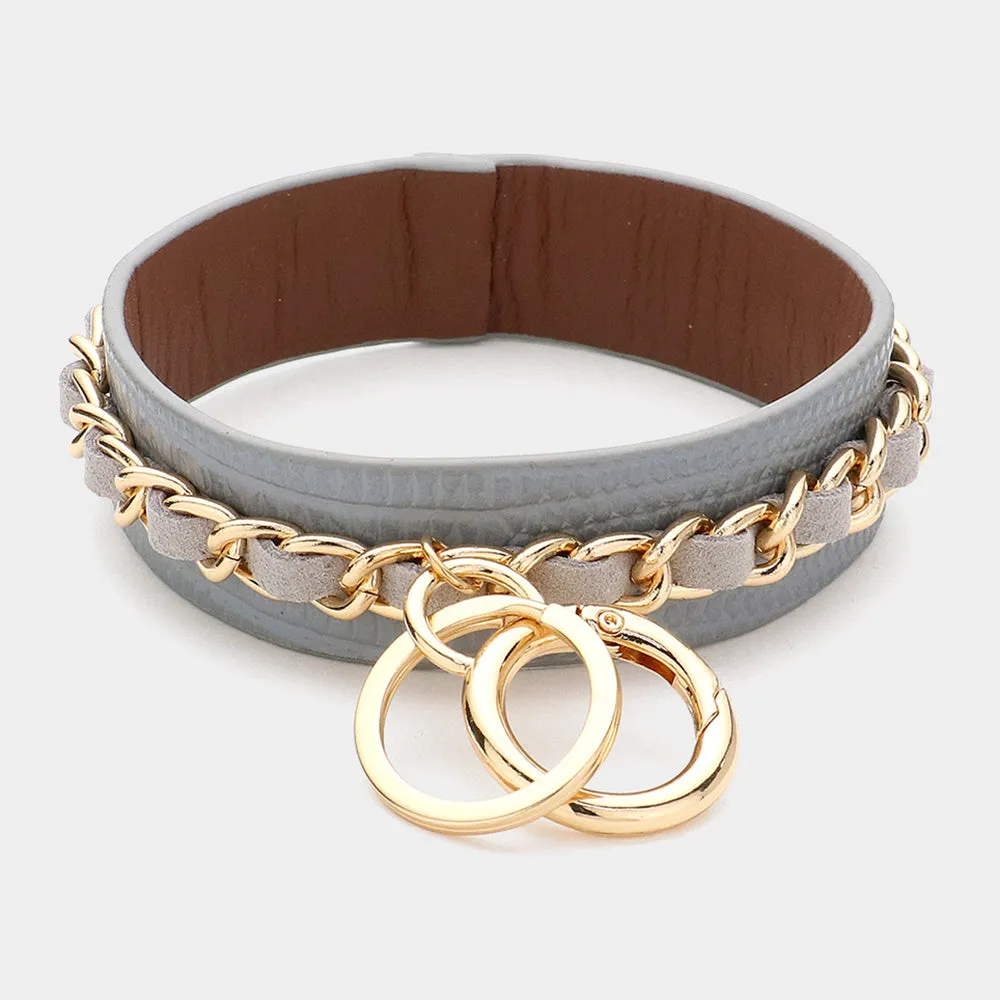 Faux Leather Keychain Bracelet with Metal Chain Detail