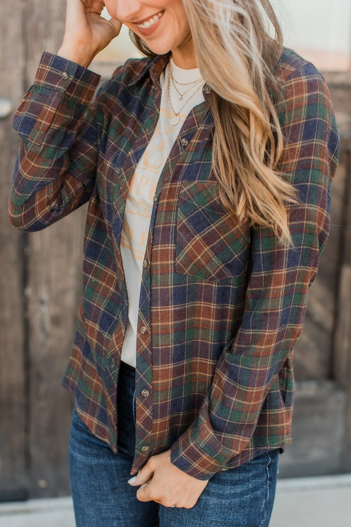 Plaid Button Top-Indigo