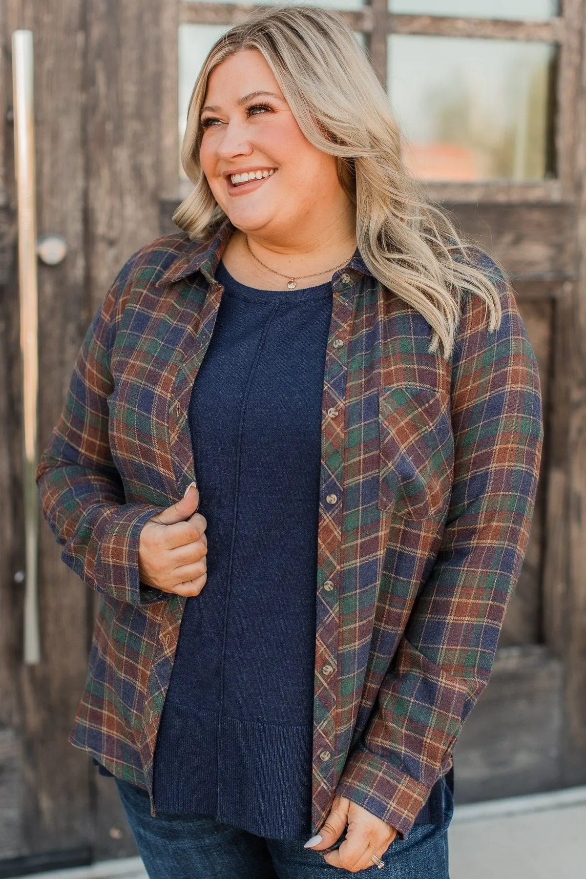 Plaid Button Top-Indigo