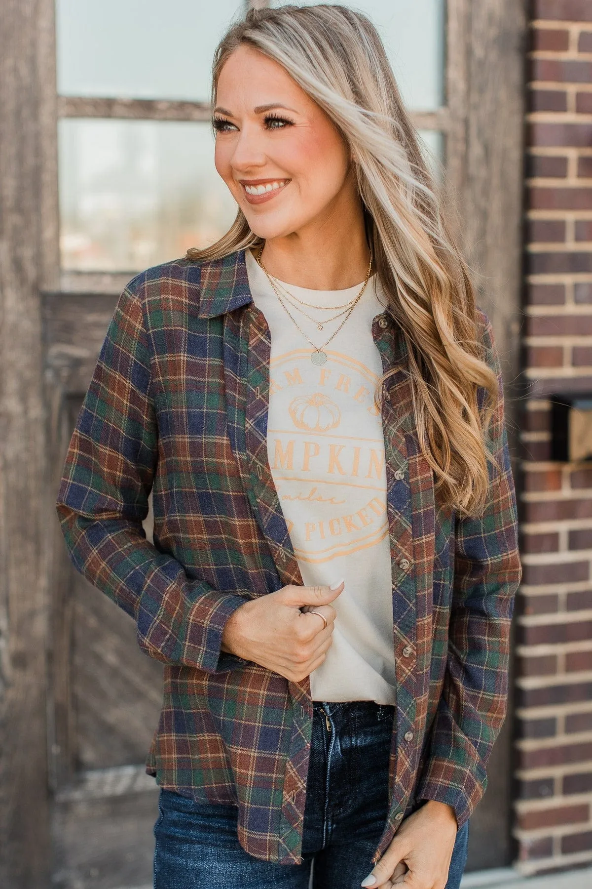 Plaid Button Top-Indigo