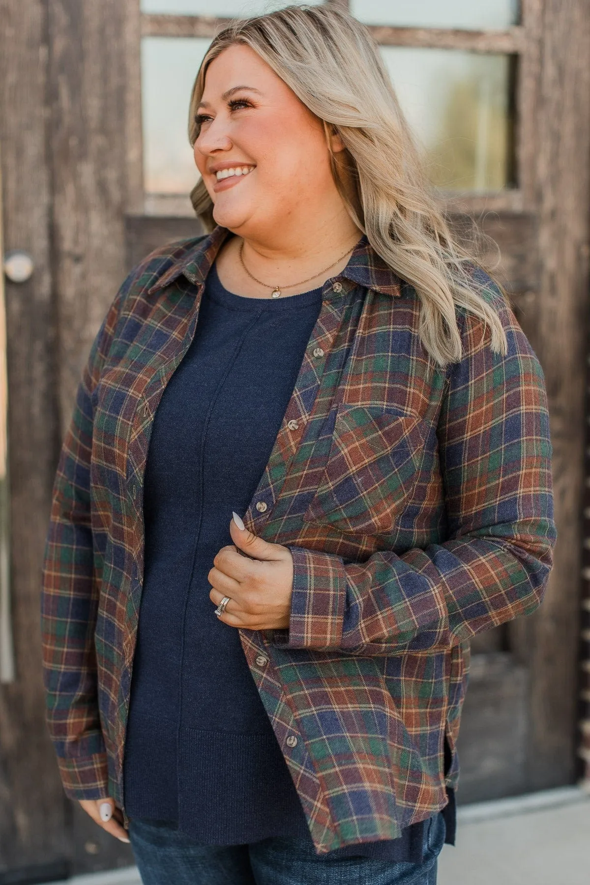 Plaid Button Top-Indigo