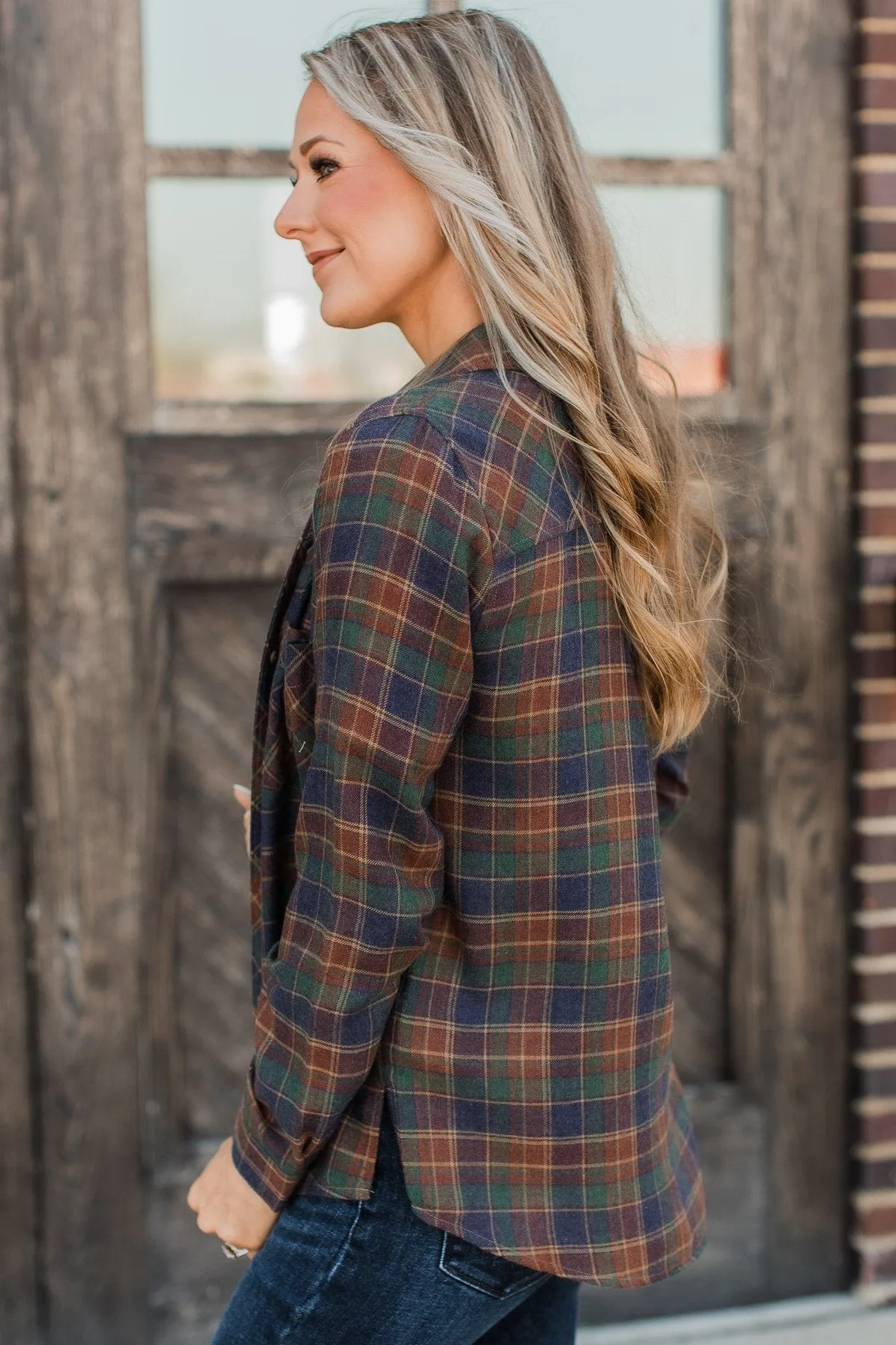 Plaid Button Top-Indigo