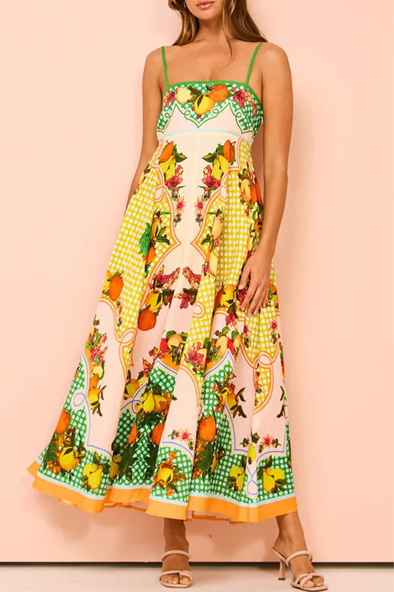 Informal and Adorable Patchwork Sling Dress with Fruit Print