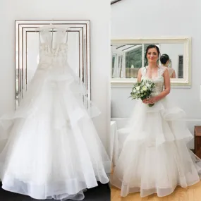 Ivory Ruffles Organza Applique Sleeveless Tiered Ball Gown Wedding Dress