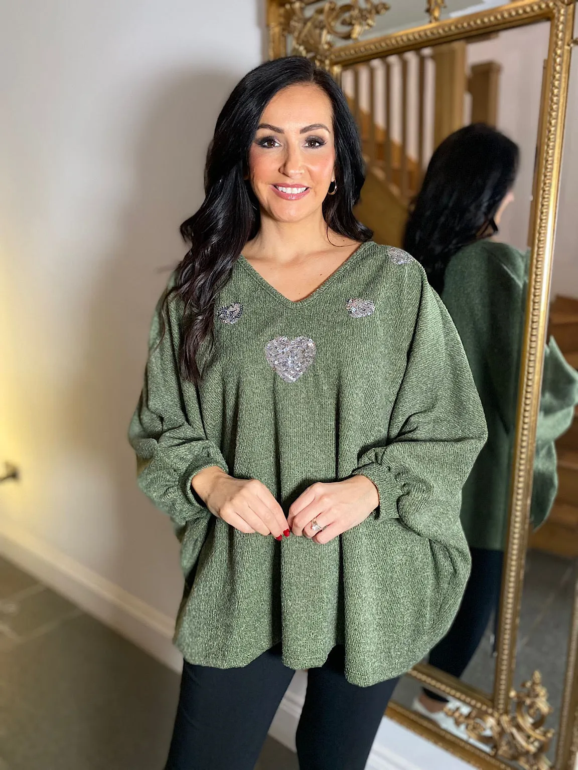 Khaki Batwing Sequin Heart Knit Kia