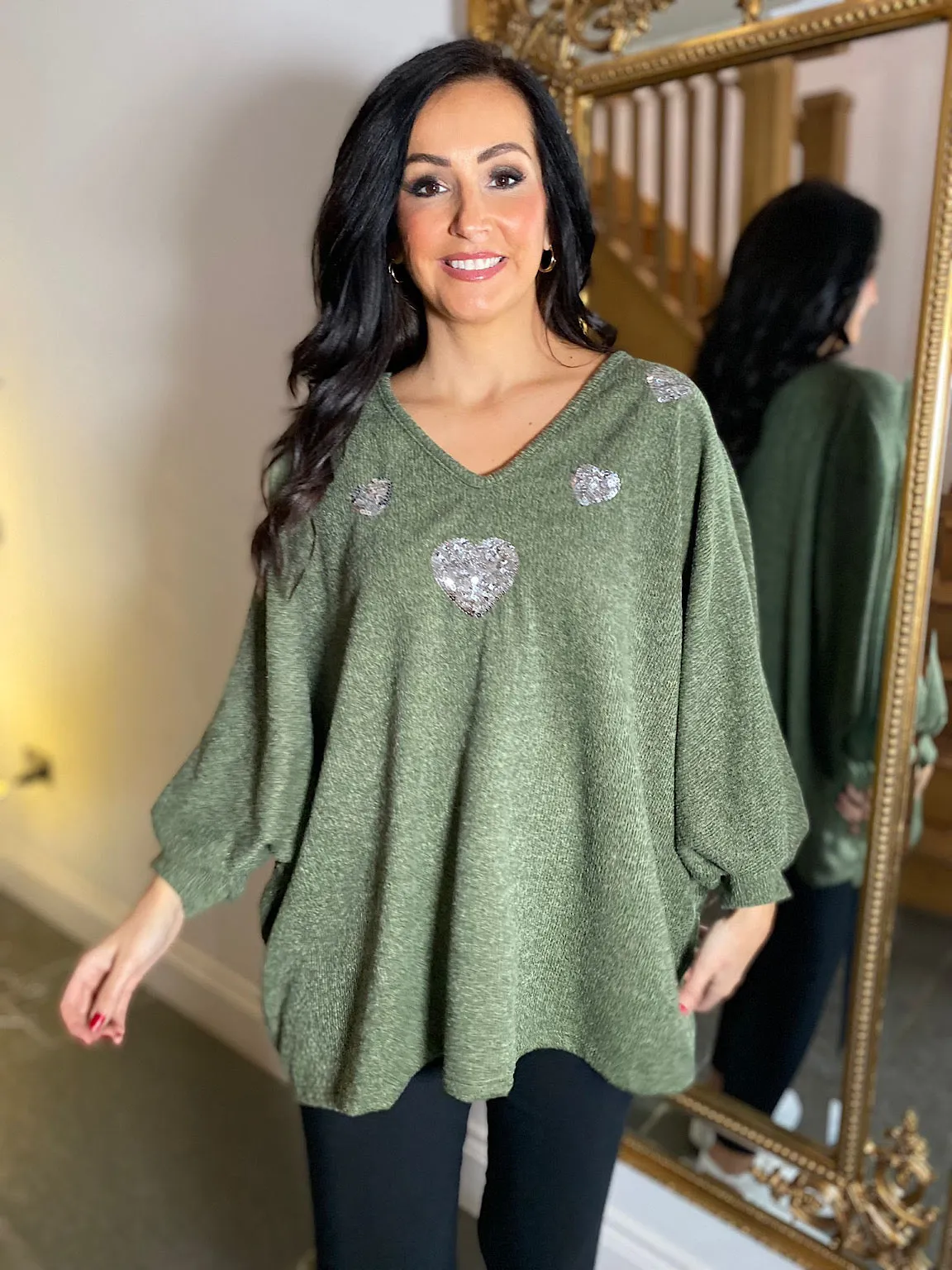 Khaki Batwing Sequin Heart Knit Kia