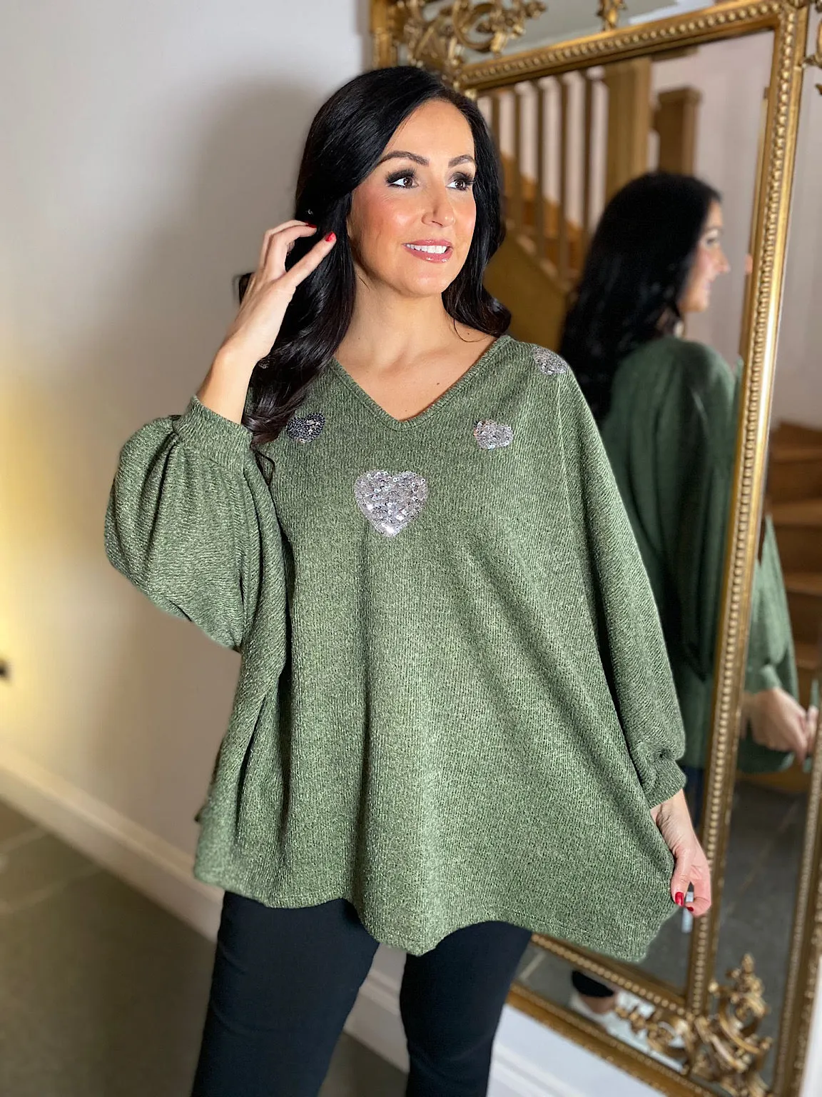 Khaki Batwing Sequin Heart Knit Kia