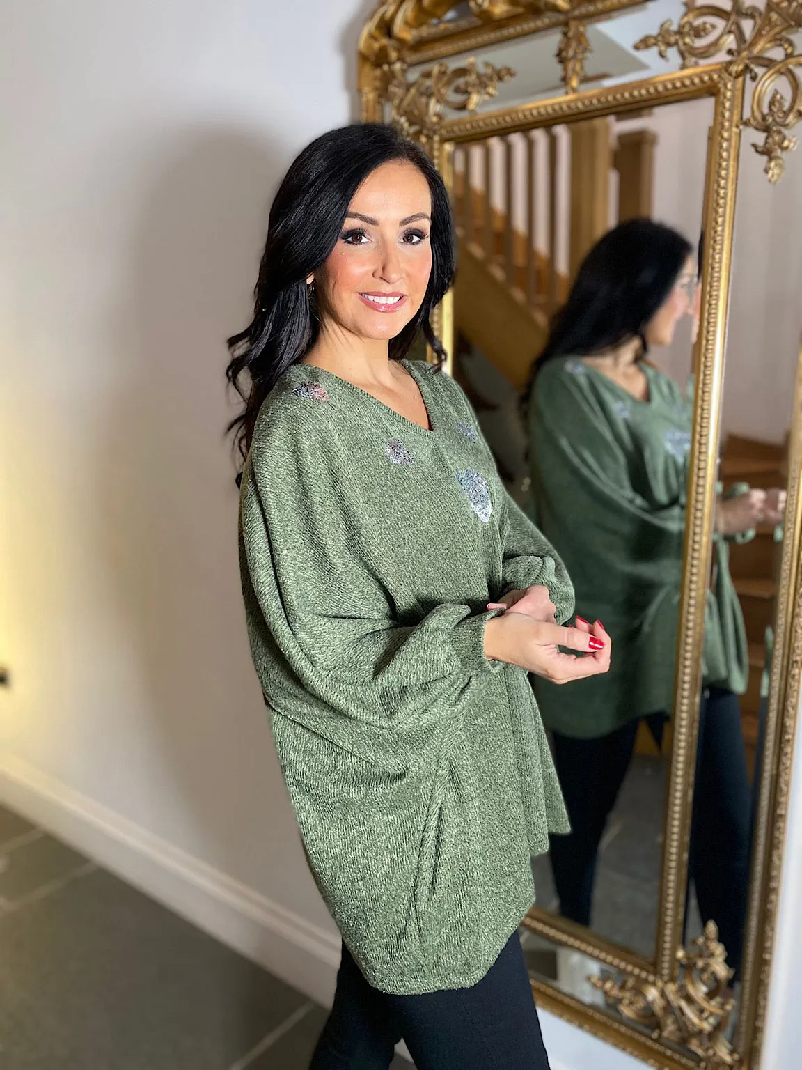 Khaki Batwing Sequin Heart Knit Kia