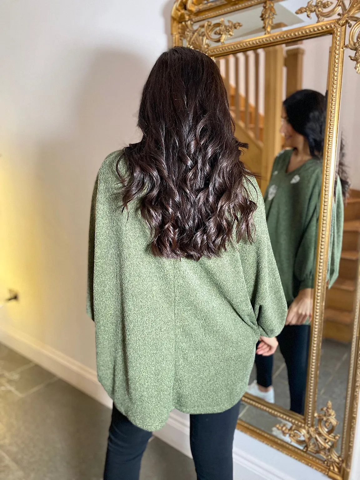 Khaki Batwing Sequin Heart Knit Kia