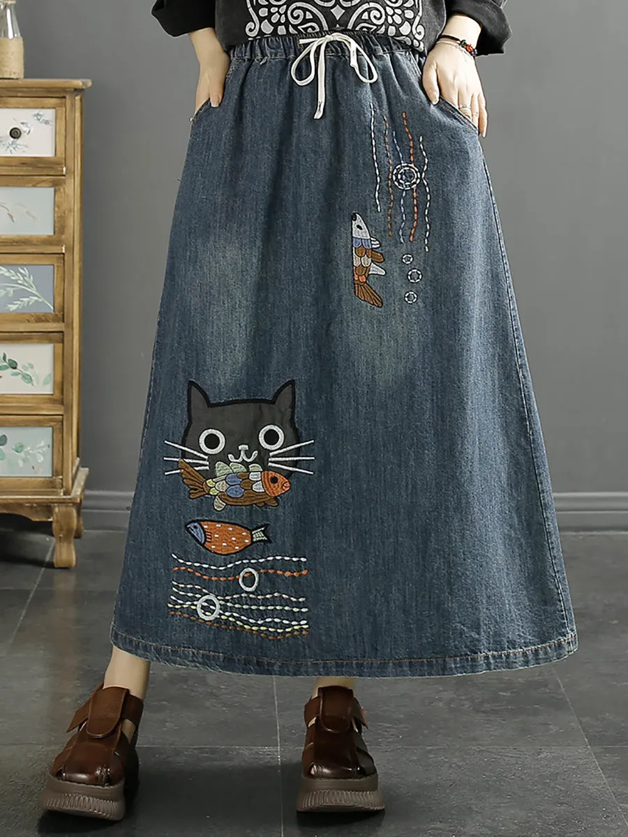 Denim Skirt with Cat Fish Embroidery