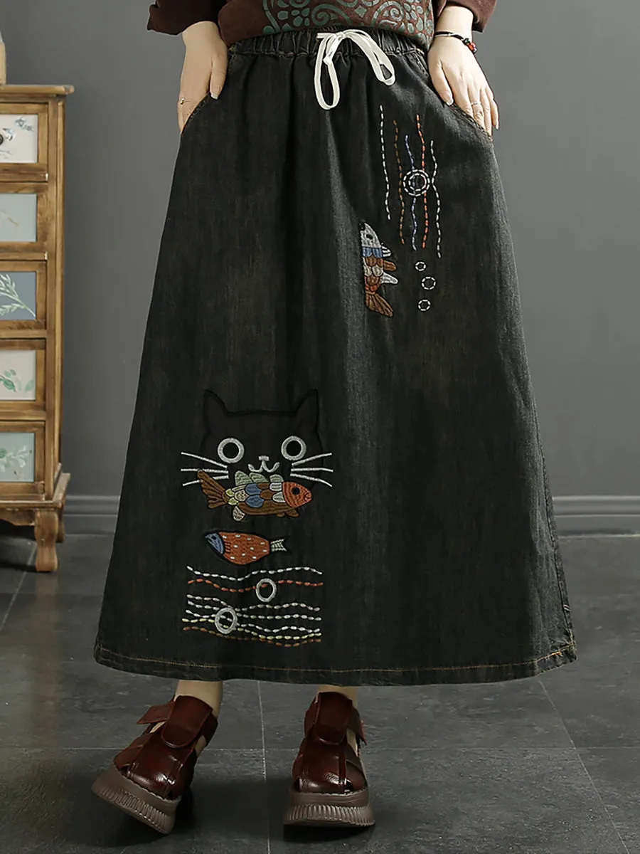 Denim Skirt with Cat Fish Embroidery