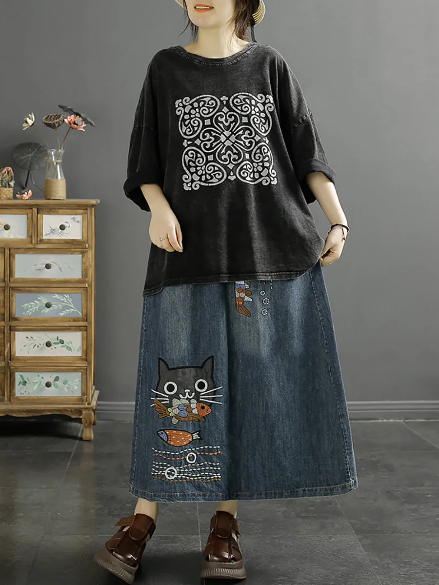 Denim Skirt with Cat Fish Embroidery