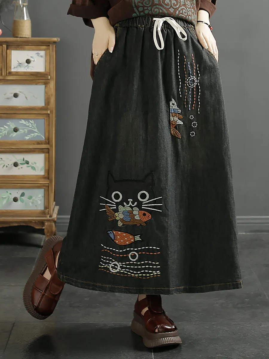 Denim Skirt with Cat Fish Embroidery