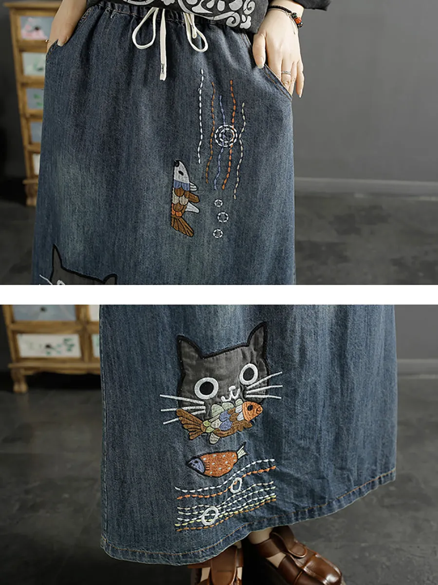 Denim Skirt with Cat Fish Embroidery